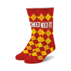 red crew sock with yellow and orange cheez-it pattern.   