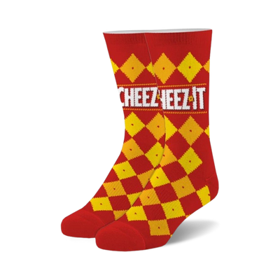 red crew sock with yellow and orange cheez-it pattern.   