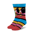Pair of crew socks with horizontal stripes in pink, yellow, blue, and black.  A retro cartoon-like design is featured on the socks.