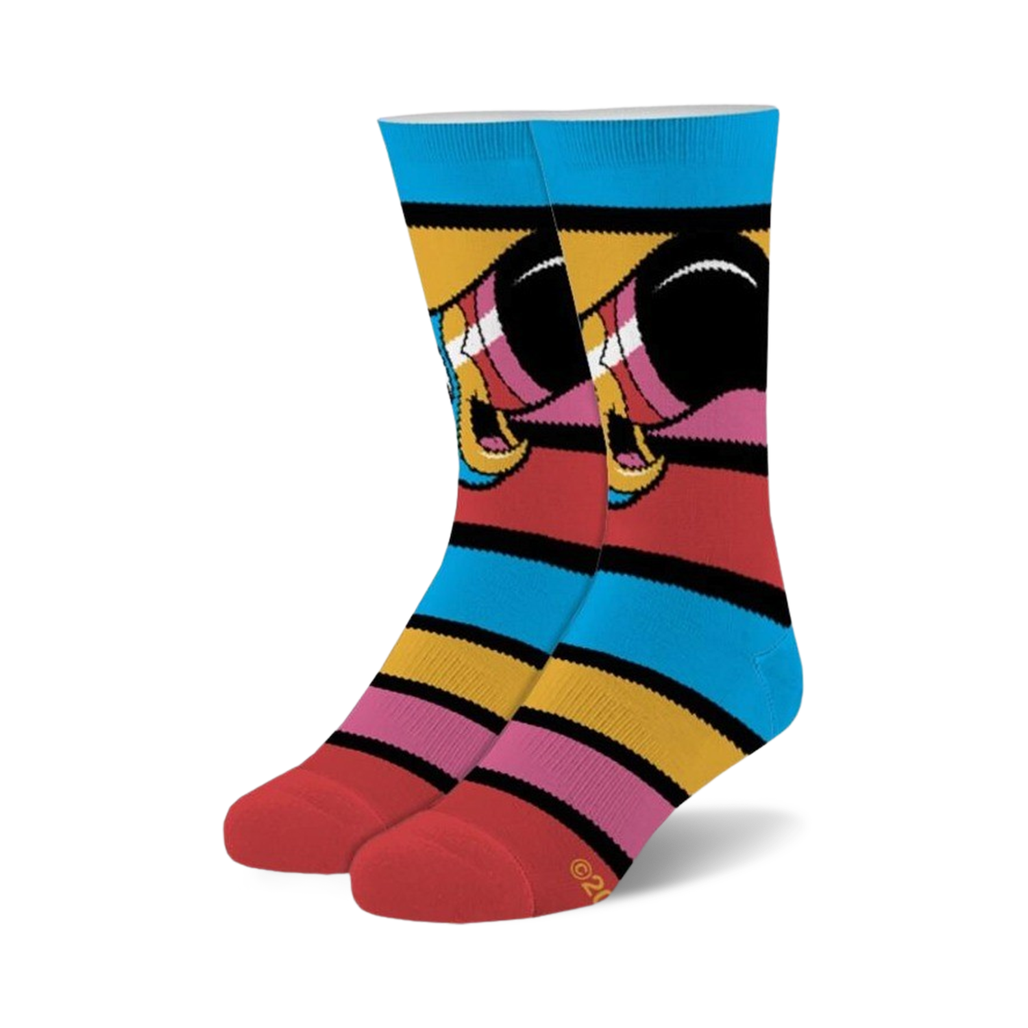 Pair of crew socks with horizontal stripes in pink, yellow, blue, and black.  A retro cartoon-like design is featured on the socks.