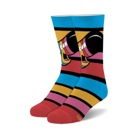 blue, red, and yellow froot loop crew socks in fuzzy fabric for men & women   