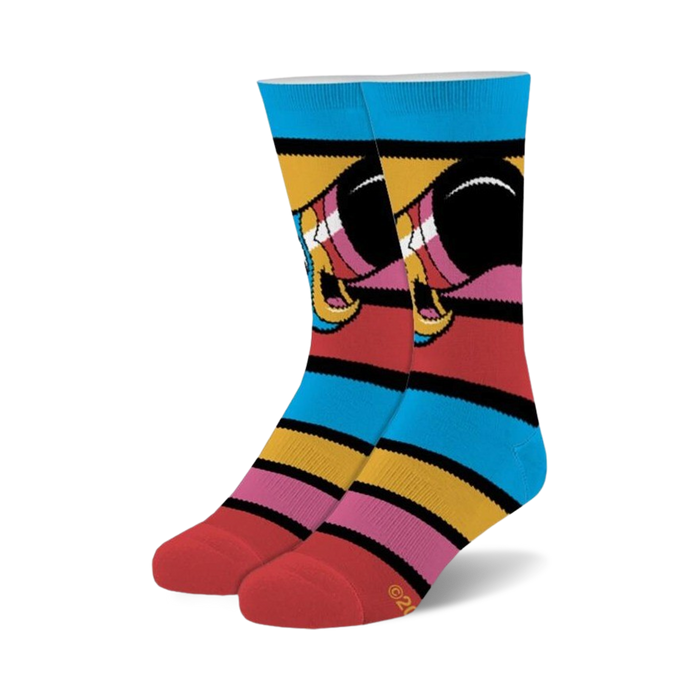 blue, red, and yellow froot loop crew socks in fuzzy fabric for men & women    }}