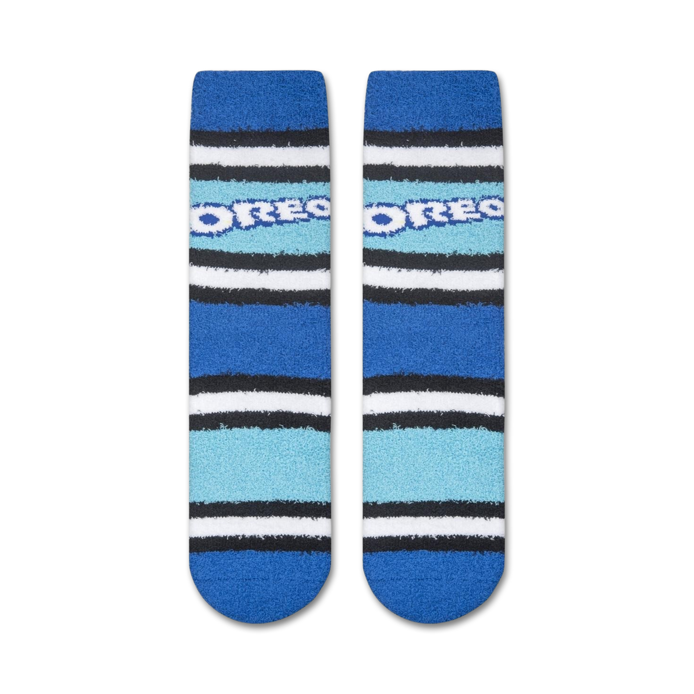 Flatlay image showing a pair of Oreo Fuzzy socks.  The fuzzy texture and striped design are clearly visible.