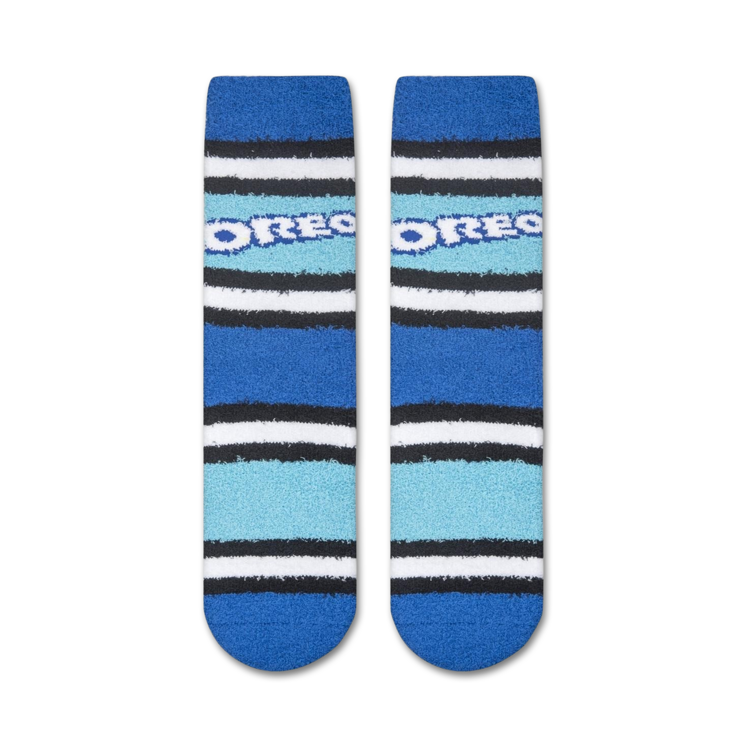 Flatlay image showing a pair of Oreo Fuzzy socks.  The fuzzy texture and striped design are clearly visible.