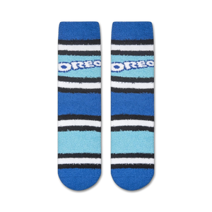 A pair of blue socks with white and light blue stripes and the word 