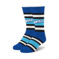 Pair of Oreo Fuzzy crew socks. Blue, white, and black horizontal stripes with the Oreo logo. Soft, fuzzy texture.