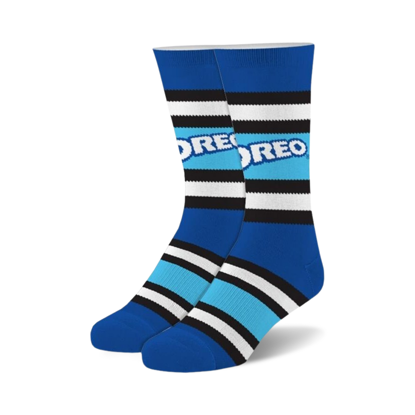 Pair of Oreo Fuzzy crew socks. Blue, white, and black horizontal stripes with the Oreo logo. Soft, fuzzy texture.