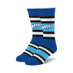 Pair of Oreo Fuzzy crew socks. Blue, white, and black horizontal stripes with the Oreo logo. Soft, fuzzy texture.