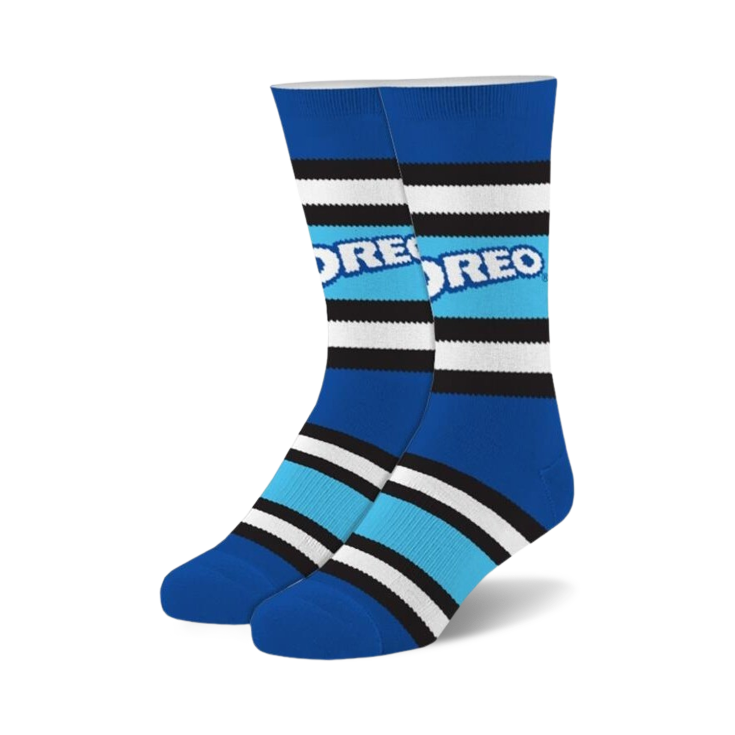 Pair of Oreo Fuzzy crew socks. Blue, white, and black horizontal stripes with the Oreo logo. Soft, fuzzy texture.