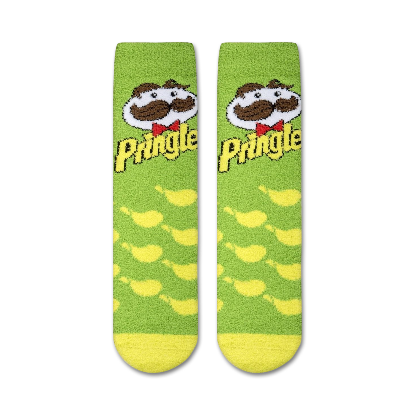 Close-up showing the fuzzy texture of the Pringles Sour Cream Fuzzy socks.