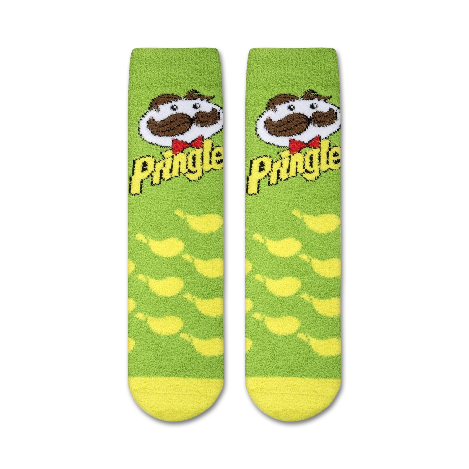Close-up showing the fuzzy texture of the Pringles Sour Cream Fuzzy socks.