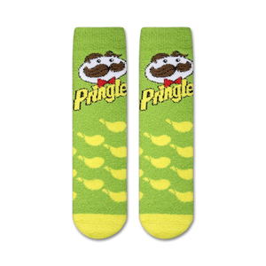 A pair of green socks with a Pringles logo on each sock. The logo includes the word 