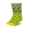 Pair of crew socks. Lime green with yellow Pringles chips pattern, and the Pringles mascot with a mustache.