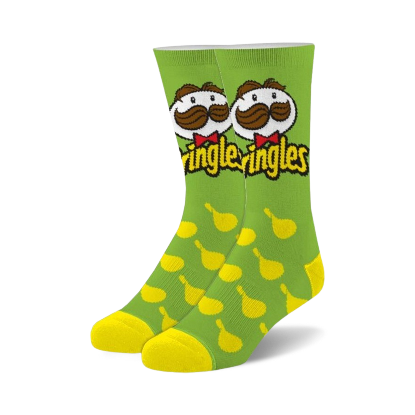 Pair of crew socks. Lime green with yellow Pringles chips pattern, and the Pringles mascot with a mustache.