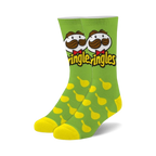 Pair of crew socks. Lime green with yellow Pringles chips pattern, and the Pringles mascot with a mustache.