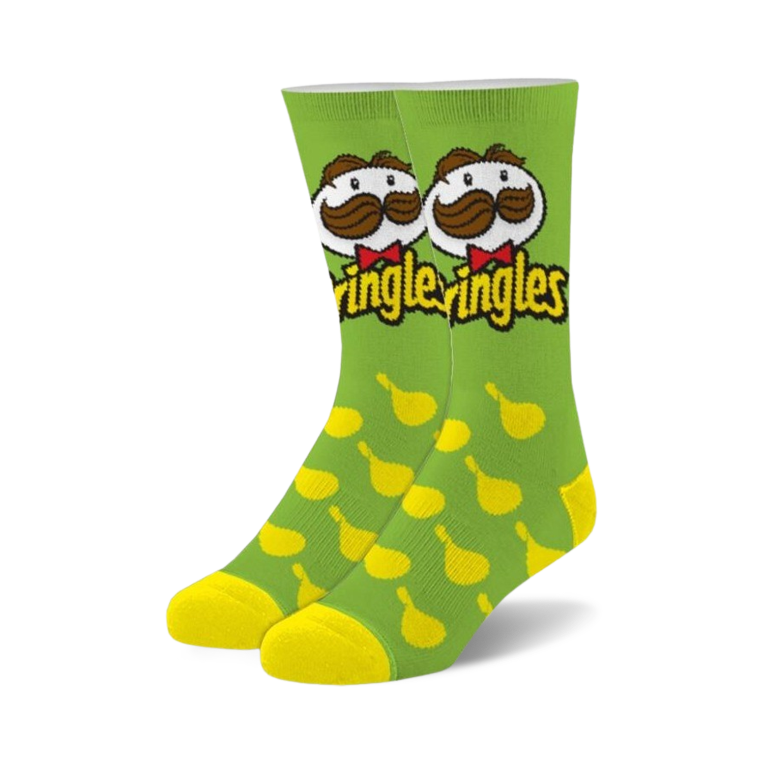 Pair of crew socks. Lime green with yellow Pringles chips pattern, and the Pringles mascot with a mustache.