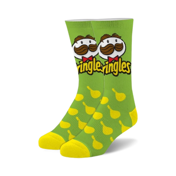 crew length sour cream and onion flavored pringles fuzzy socks. uniquely patterned with pringles logo & julius print.   