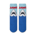 Close-up showing the texture of the Jaws Fuzzy socks. The fuzzy fabric is the main focus.