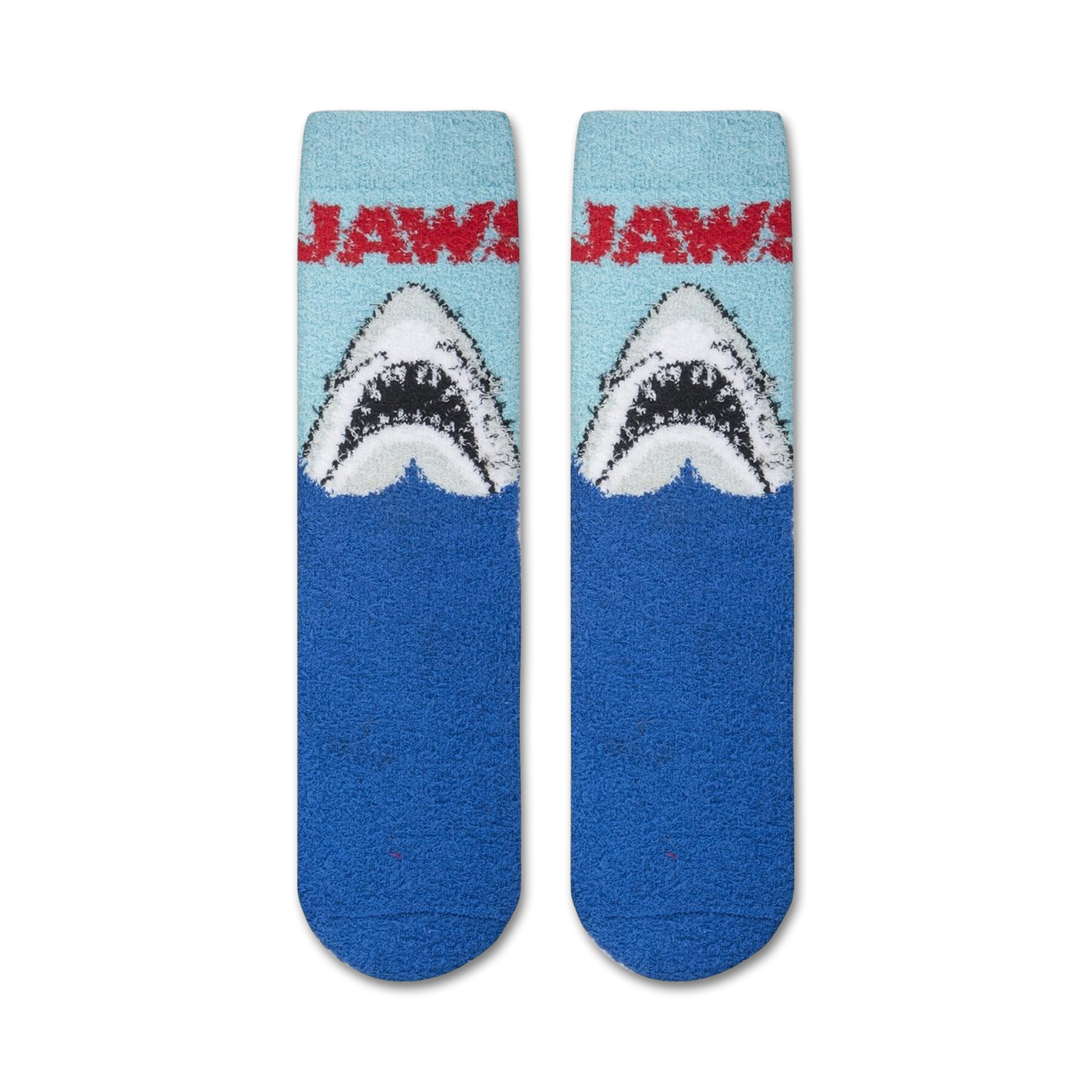 Close-up showing the texture of the Jaws Fuzzy socks. The fuzzy fabric is the main focus.