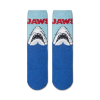 Close-up showing the texture of the Jaws Fuzzy socks. The fuzzy fabric is the main focus.