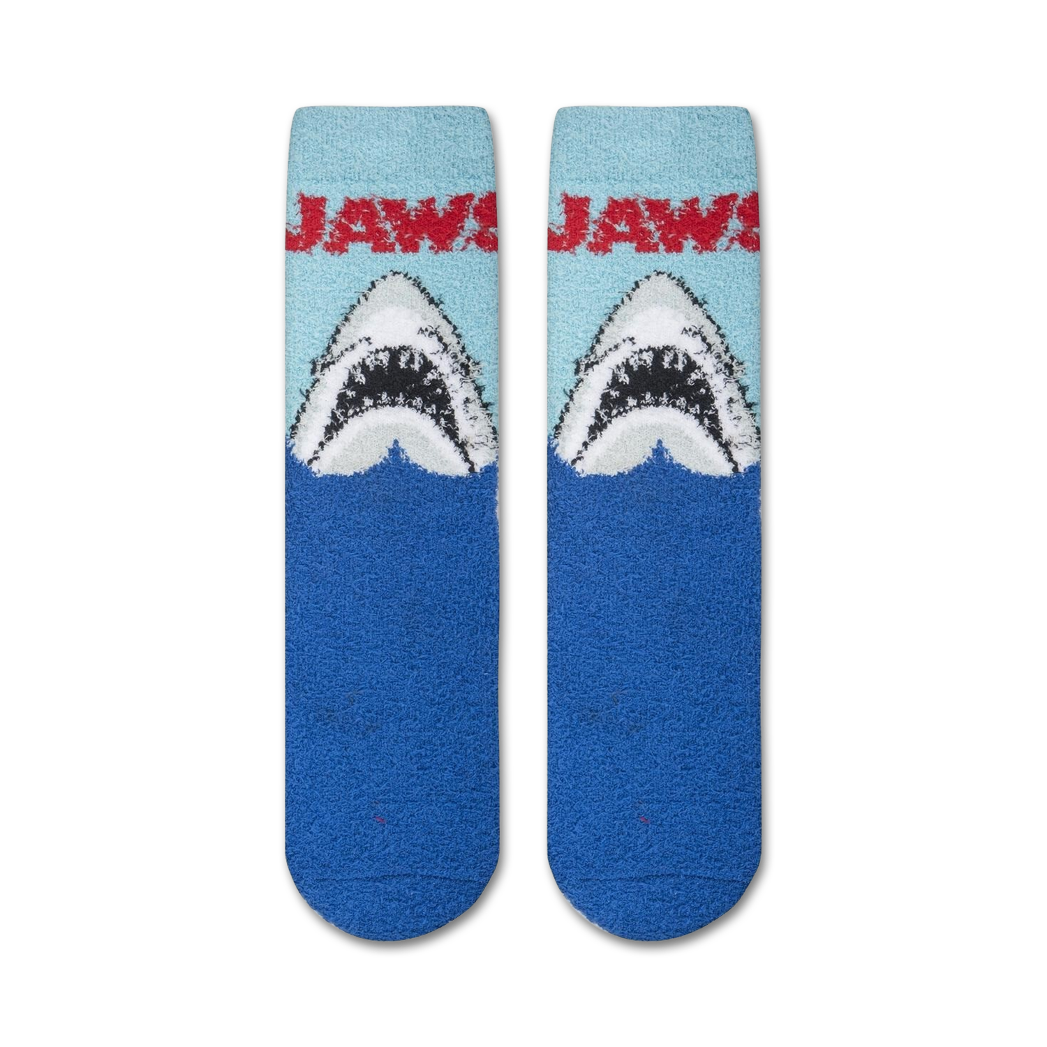Close-up showing the texture of the Jaws Fuzzy socks. The fuzzy fabric is the main focus.