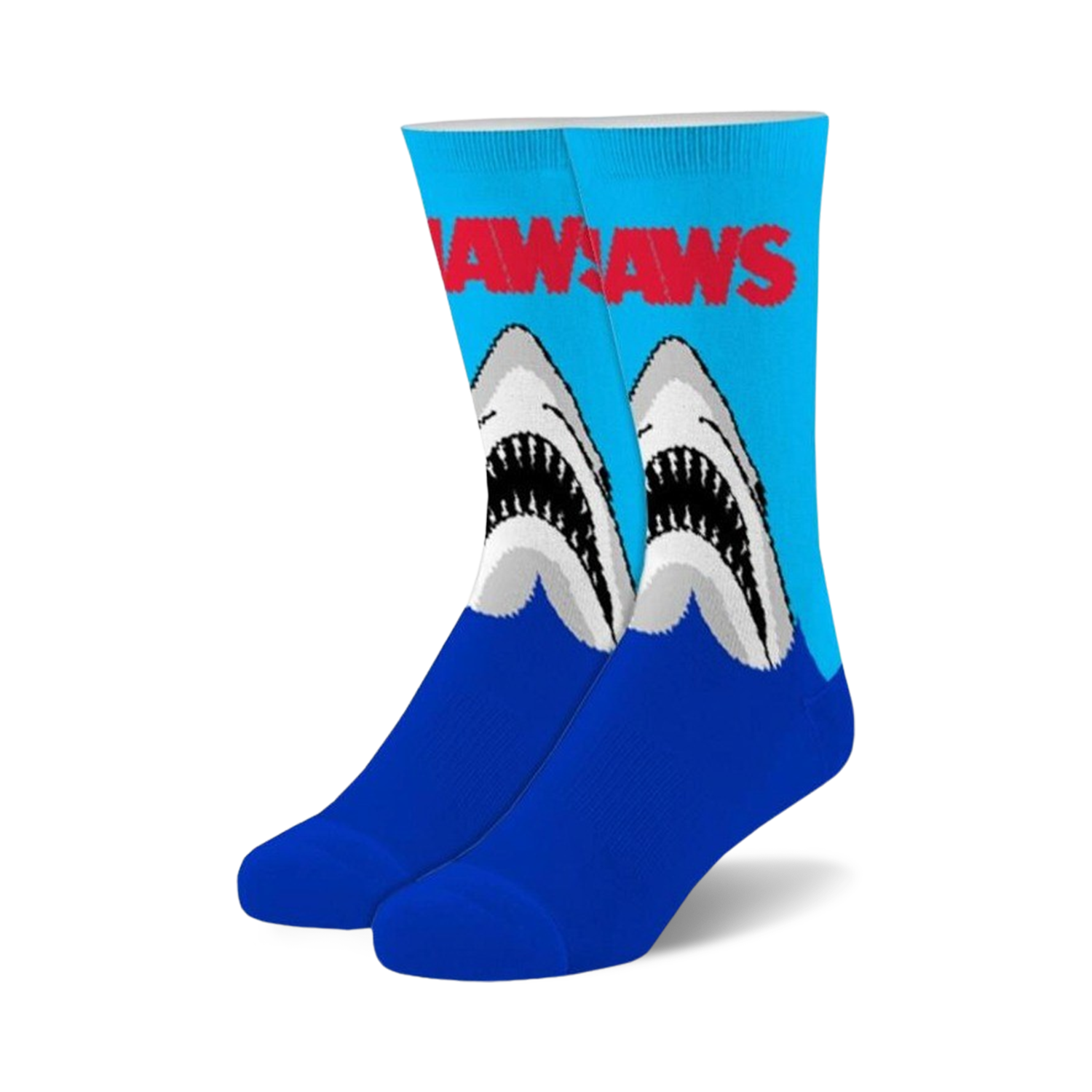 Pair of fuzzy crew socks; blue and light blue with Jaws logo and graphic of two great white sharks emerging from water.