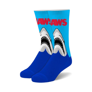 blue crew socks with jaws design and red 