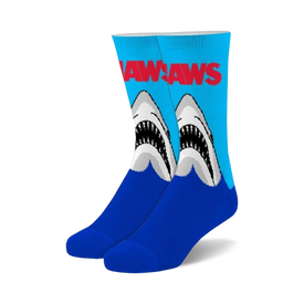 blue crew socks with jaws design and red "jaws" lettering, sold in men's and women's sizes.   