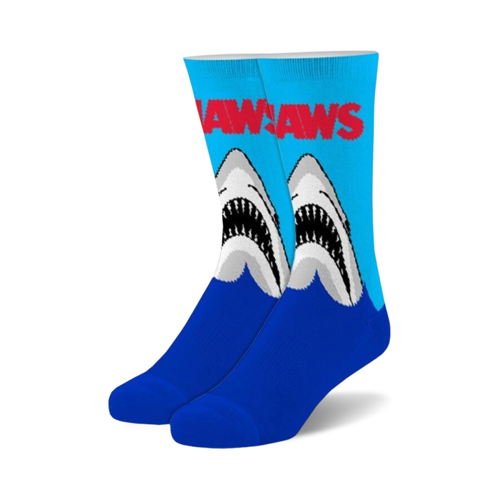 blue crew socks with jaws design and red 
