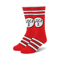 Pair of red fuzzy crew socks with white stripes and a playful 'Sock 1 Sock 2' design on each sock.