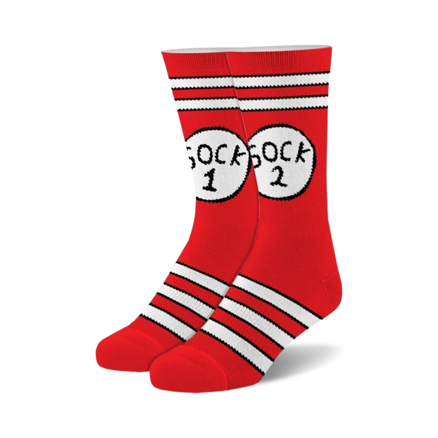 Pair of red fuzzy crew socks with white stripes and a playful 'Sock 1 Sock 2' design on each sock.