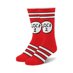 Pair of red fuzzy crew socks with white stripes and a playful 'Sock 1 Sock 2' design on each sock.