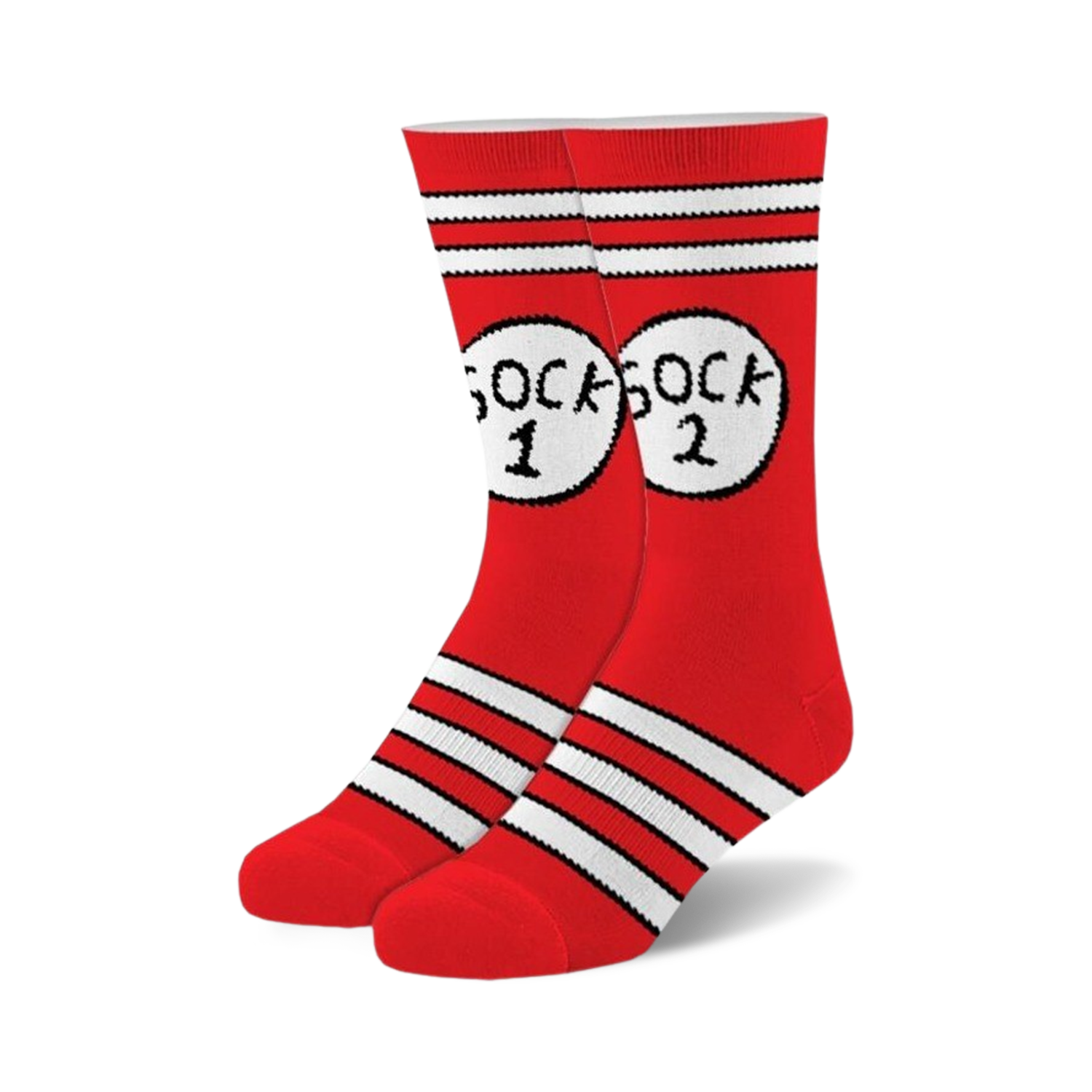 Pair of red fuzzy crew socks with white stripes and a playful 'Sock 1 Sock 2' design on each sock.
