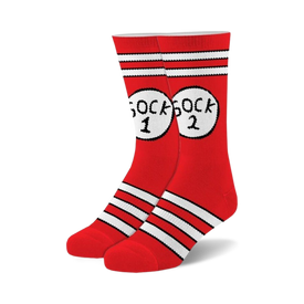 dr. seuss-inspired fuzzy crew socks for men and women, featuring "sock 1" and "sock 2" graphics.  