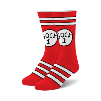 dr. seuss-inspired fuzzy crew socks for men and women, featuring "sock 1" and "sock 2" graphics.  