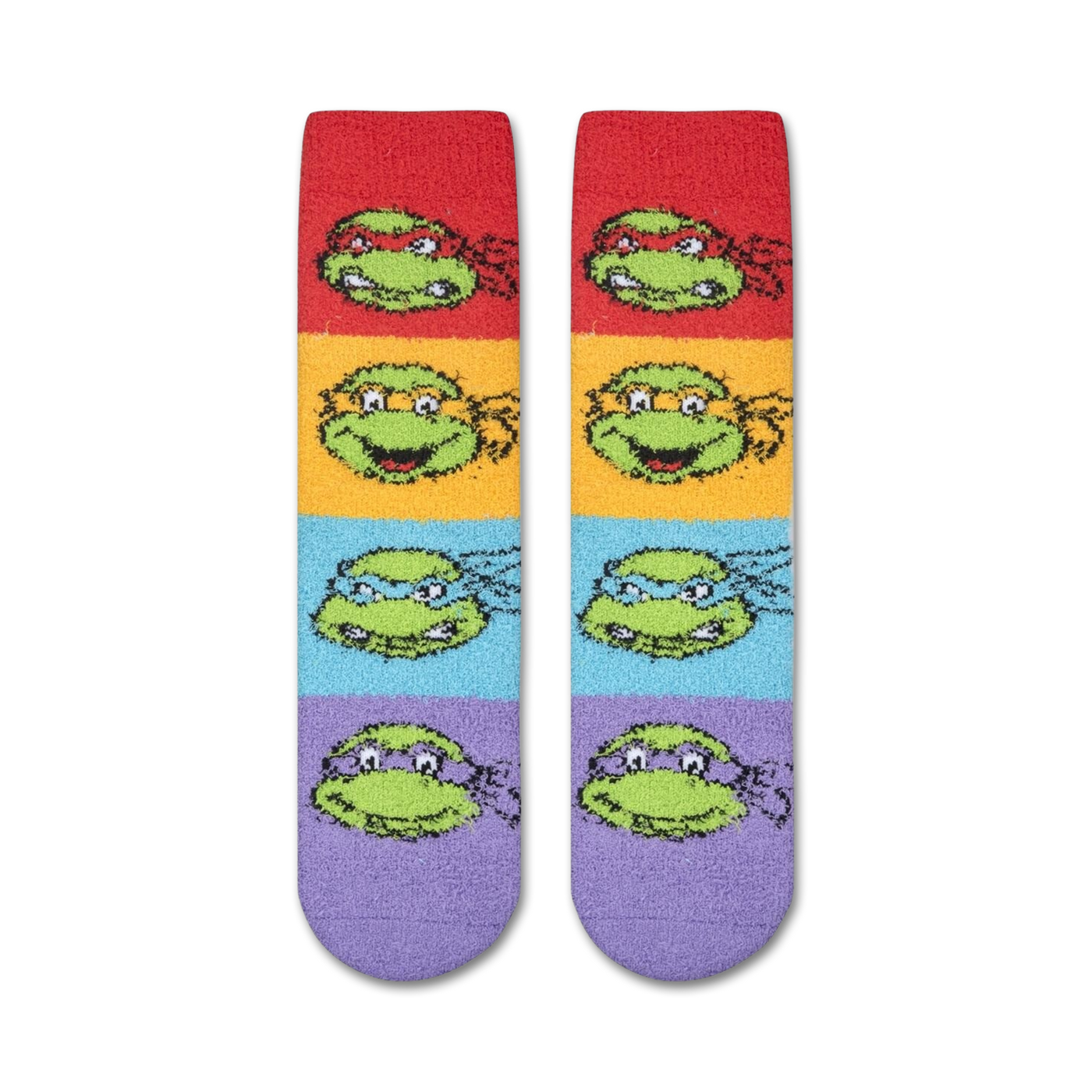 Close-up showing the fuzzy texture of the Teenage Mutant Ninja Turtles socks.  The detail shot highlights the soft material.