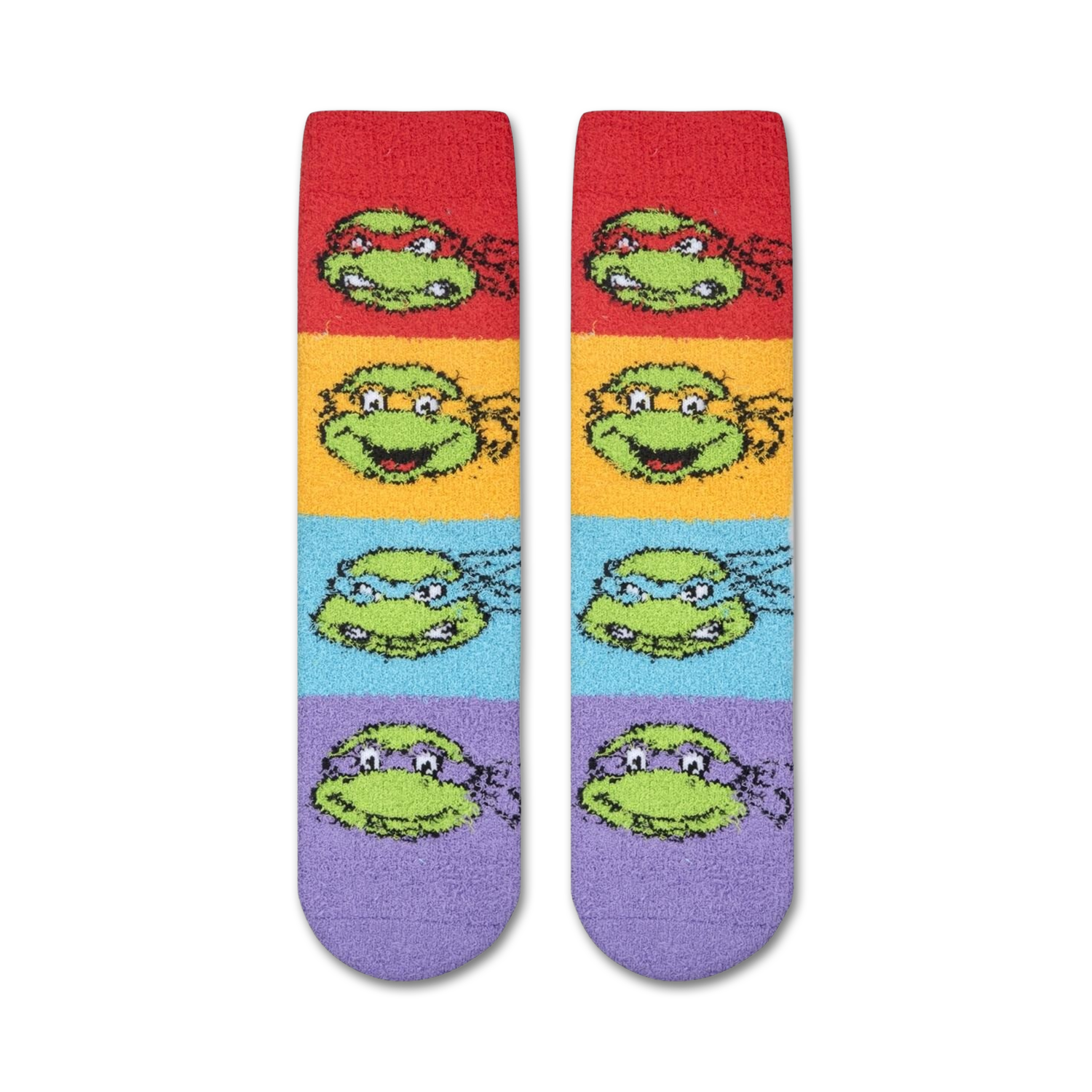 Close-up showing the fuzzy texture of the Teenage Mutant Ninja Turtles socks.  The detail shot highlights the soft material.