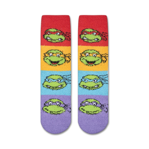 A pair of socks with a pattern of the Teenage Mutant Ninja Turtles on them. The socks are red, orange, yellow, green, blue, and purple.