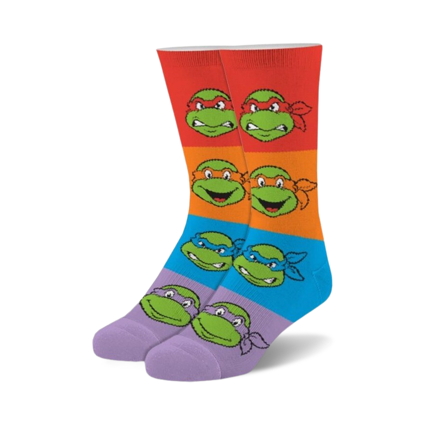 Teenage Mutant Ninja Turtles crew socks.  Multicolored stripes with fuzzy texture, featuring the Turtles' faces.