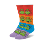 Teenage Mutant Ninja Turtles crew socks.  Multicolored stripes with fuzzy texture, featuring the Turtles' faces.