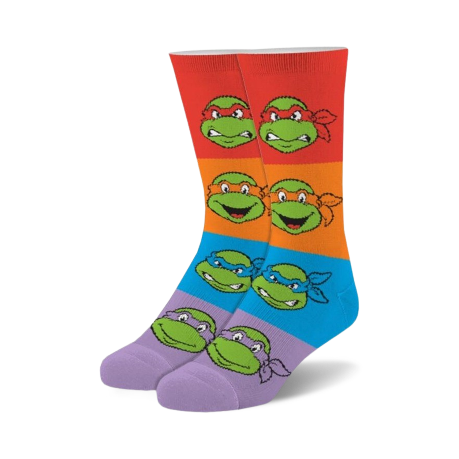 Teenage Mutant Ninja Turtles crew socks.  Multicolored stripes with fuzzy texture, featuring the Turtles' faces.