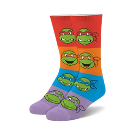 teenage mutant ninja turtle fuzzy crew length socks in blue, red, orange, and purple that are available for men and women. 