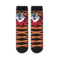 Close-up shot of a pair of Tony the Tiger fuzzy socks, showcasing the texture and detail of the design.