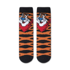 Close-up shot of a pair of Tony the Tiger fuzzy socks, showcasing the texture and detail of the design.