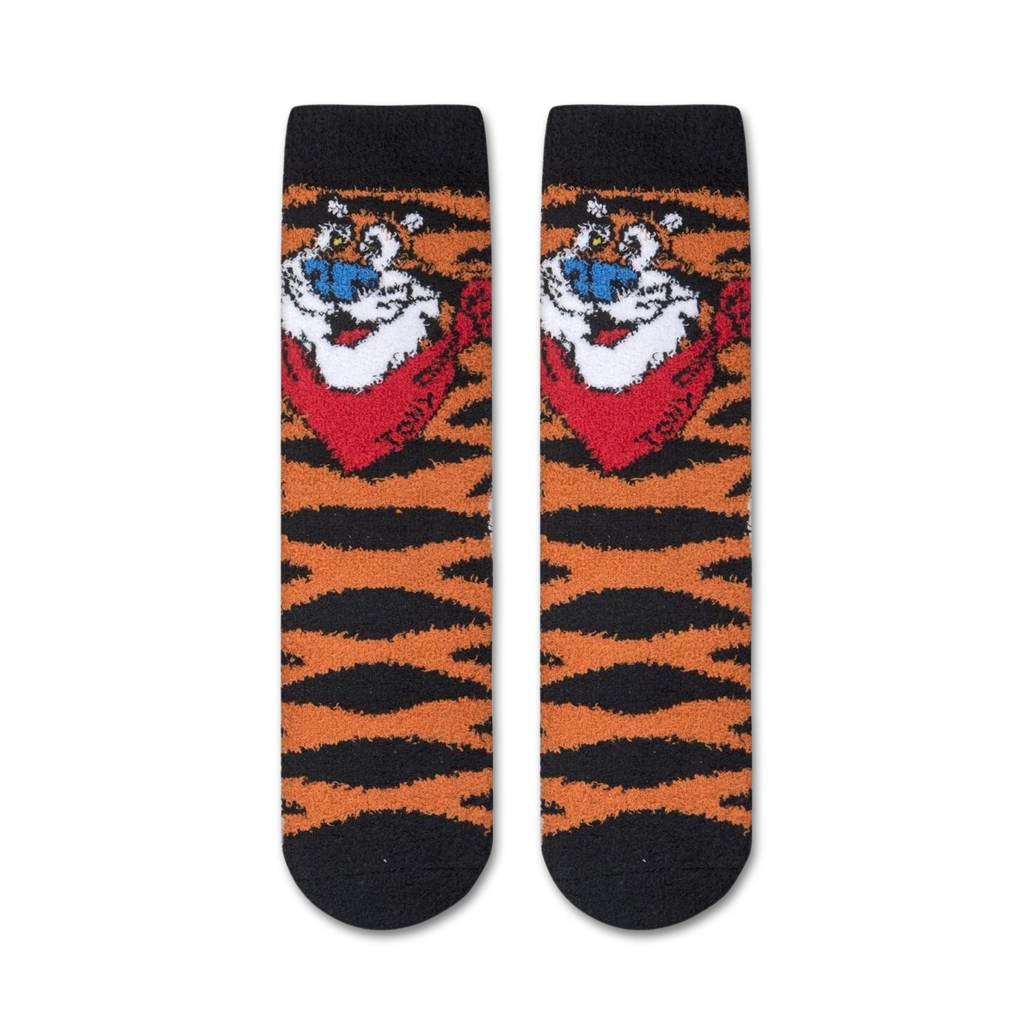 Close-up shot of a pair of Tony the Tiger fuzzy socks, showcasing the texture and detail of the design.