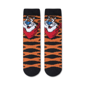 A pair of socks with an image of Tony the Tiger, the mascot for Kellogg's Frosted Flakes cereal. The socks are orange and black with a red cuff. Tony the Tiger is wearing a red bandana around his neck and has a big smile on his face.