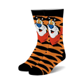 Pair of black and orange fuzzy crew socks featuring Tony the Tiger from Frosted Flakes cereal. 