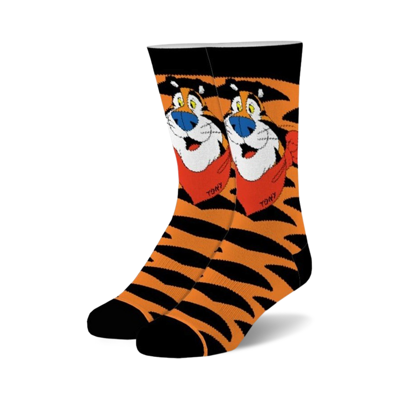 Pair of black and orange fuzzy crew socks featuring Tony the Tiger from Frosted Flakes cereal. 