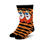 Pair of black and orange fuzzy crew socks featuring Tony the Tiger from Frosted Flakes cereal. 