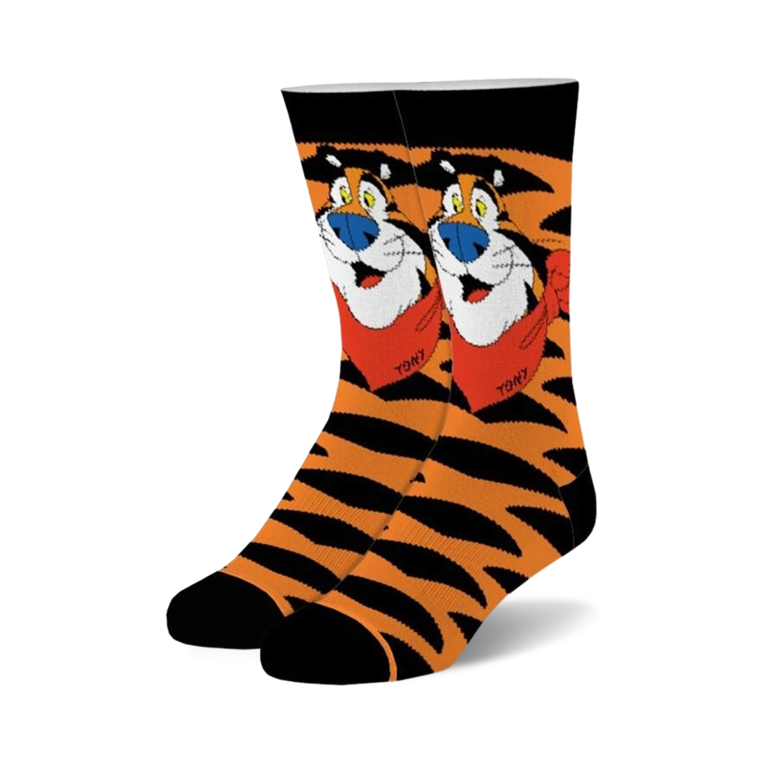 Pair of black and orange fuzzy crew socks featuring Tony the Tiger from Frosted Flakes cereal. 